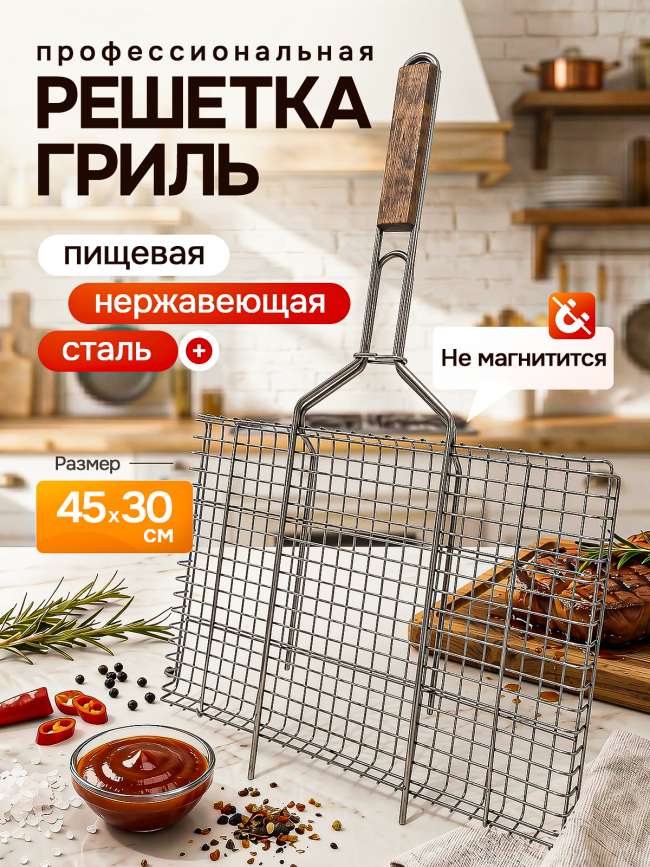 Решётка гриль из нержавеющей стали 45х30см Решётка гриль из нержавеющей стали 45х30см